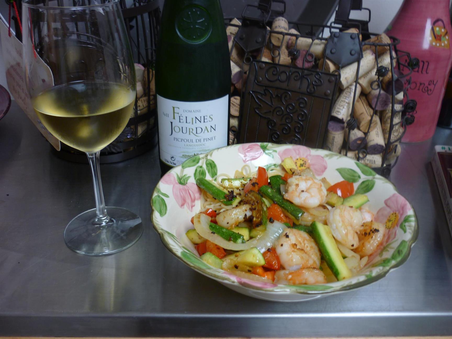 Paired with Angel Hair, Sauteed shrimp, zuchinni, onions, red peppers, garlic, and olive oil!